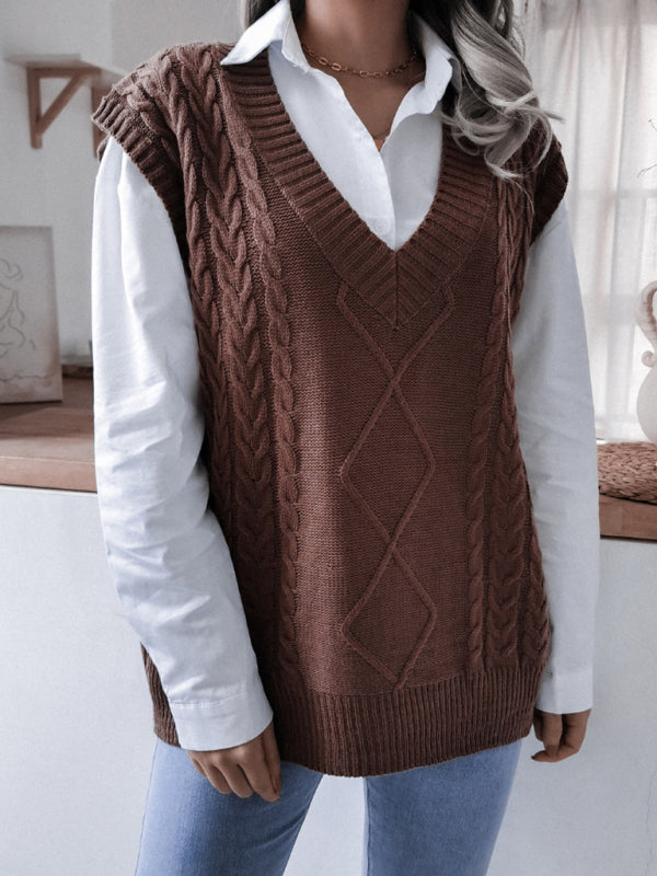 Sweater Vests- Rhombus Cable Knitted Vest - V Neck Sweater- - IndioGear Fashion and Gear