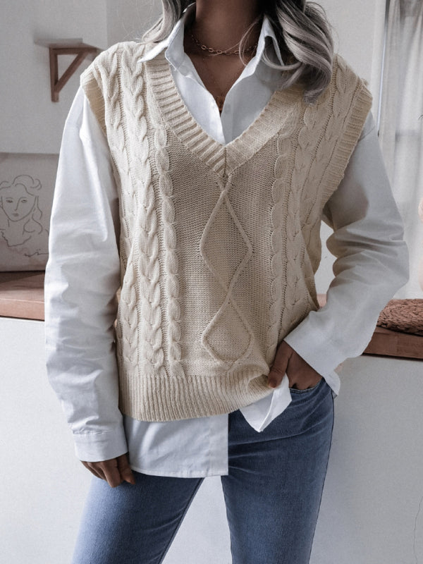 Sweater Vests- Rhombus Cable Knitted Vest - V Neck Sweater- - IndioGear Fashion and Gear