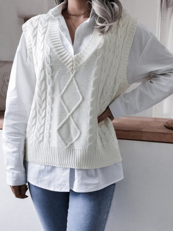 Sweater Vests- Rhombus Cable Knitted Vest - V Neck Sweater- - IndioGear Fashion and Gear