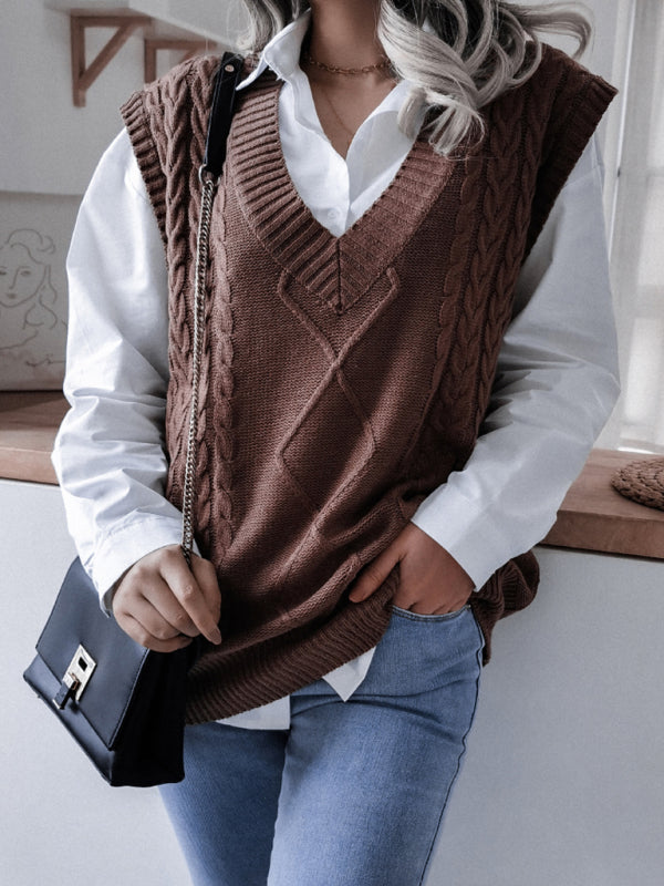 Sweater Vests- Rhombus Cable Knitted Vest - V Neck Sweater- - IndioGear Fashion and Gear