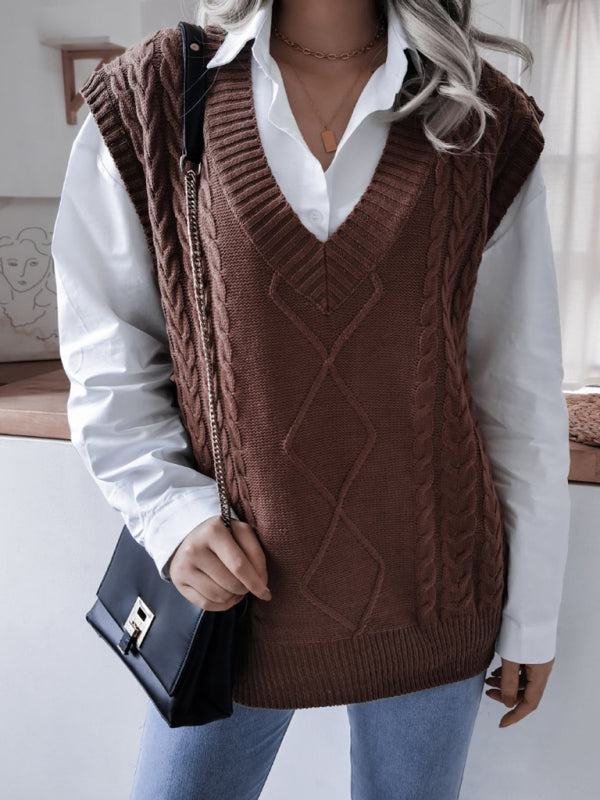 Sweater Vests- Rhombus Cable Knitted Vest - V Neck Sweater- - IndioGear Fashion and Gear