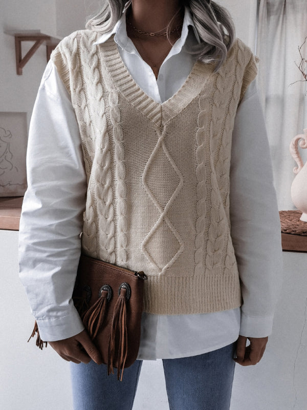 Sweater Vests- Rhombus Cable Knitted Vest - V Neck Sweater- - IndioGear Fashion and Gear