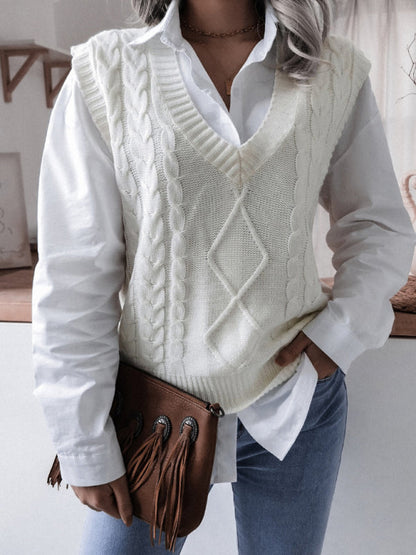 Sweater Vests- Rhombus Cable Knitted Vest - V Neck Sweater- - IndioGear Fashion and Gear