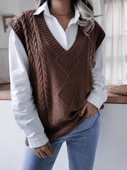 Sweater Vests- Rhombus Cable Knitted Vest - V Neck Sweater- Coffee- IndioGear Fashion and Gear