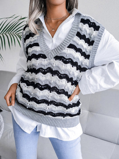 Sweater Vests- Stripe Knit V Neck Ves - Knitwear Sweater- Grey- IndioGear Fashion and Gear