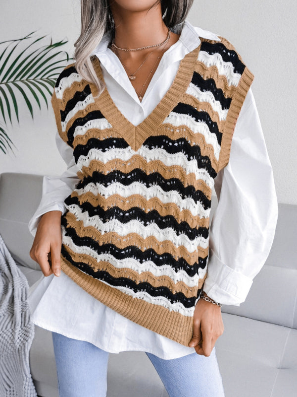 Sweater Vests- Stripe Knit V Neck Ves - Knitwear Sweater- - IndioGear Fashion and Gear