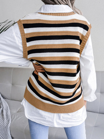 Sweater Vests- Stripe Knit V Neck Ves - Knitwear Sweater- - IndioGear Fashion and Gear