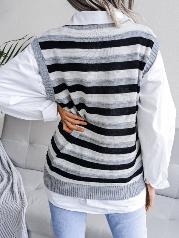 Sweater Vests- Stripe Knit V Neck Ves - Knitwear Sweater- - IndioGear Fashion and Gear