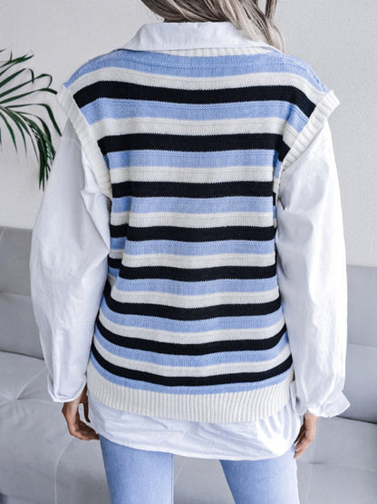 Sweater Vests- Stripe Knit V Neck Ves - Knitwear Sweater- - IndioGear Fashion and Gear