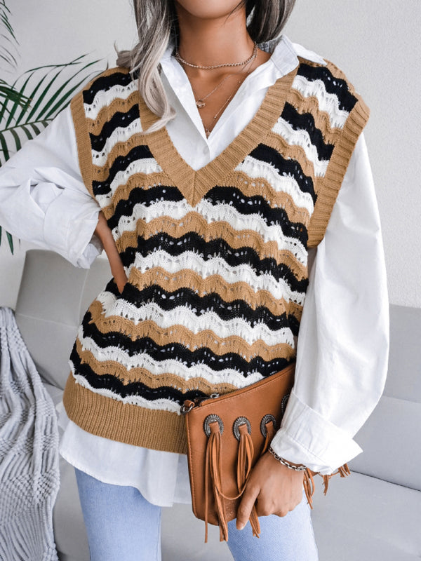 Sweater Vests- Stripe Knit V Neck Ves - Knitwear Sweater- - IndioGear Fashion and Gear