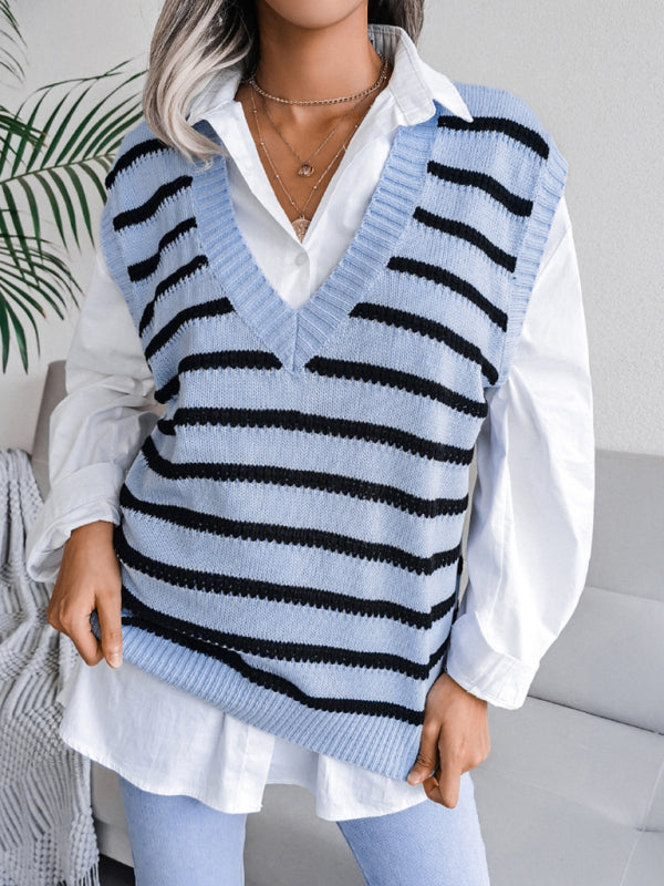 Sweater Vests- Stripe Knit V Neck Vest - Fall-Winter Sweater- - IndioGear Fashion and Gear