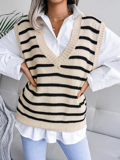 Sweater Vests- Stripe Knit V Neck Vest - Fall-Winter Sweater- - IndioGear Fashion and Gear