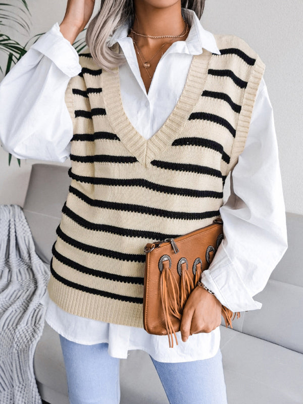 Sweater Vests- Stripe Knit V Neck Vest - Fall-Winter Sweater- - IndioGear Fashion and Gear