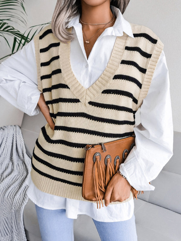 Sweater Vests- Stripe Knit V Neck Vest - Fall-Winter Sweater- - IndioGear Fashion and Gear