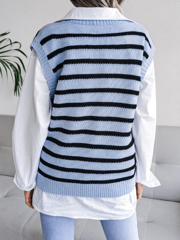 Sweater Vests- Stripe Knit V Neck Vest - Fall-Winter Sweater- - IndioGear Fashion and Gear