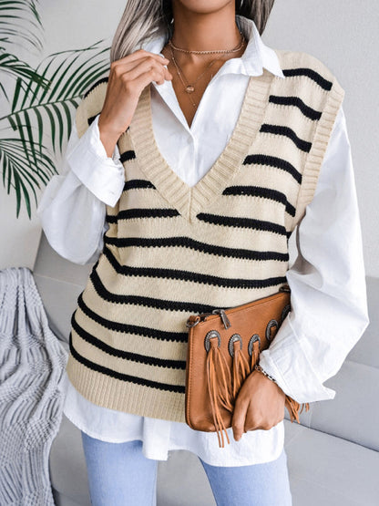 Sweater Vests- Stripe Knit V Neck Vest - Fall-Winter Sweater- - IndioGear Fashion and Gear