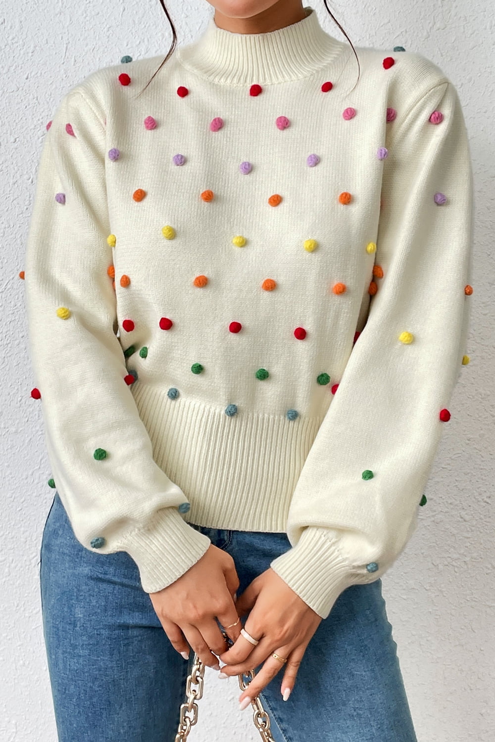 Sweater- Women's Rainbow Pom Pom Sweater - Fashionable Knitwear Pullover- - IndioGear Fashion and Gear