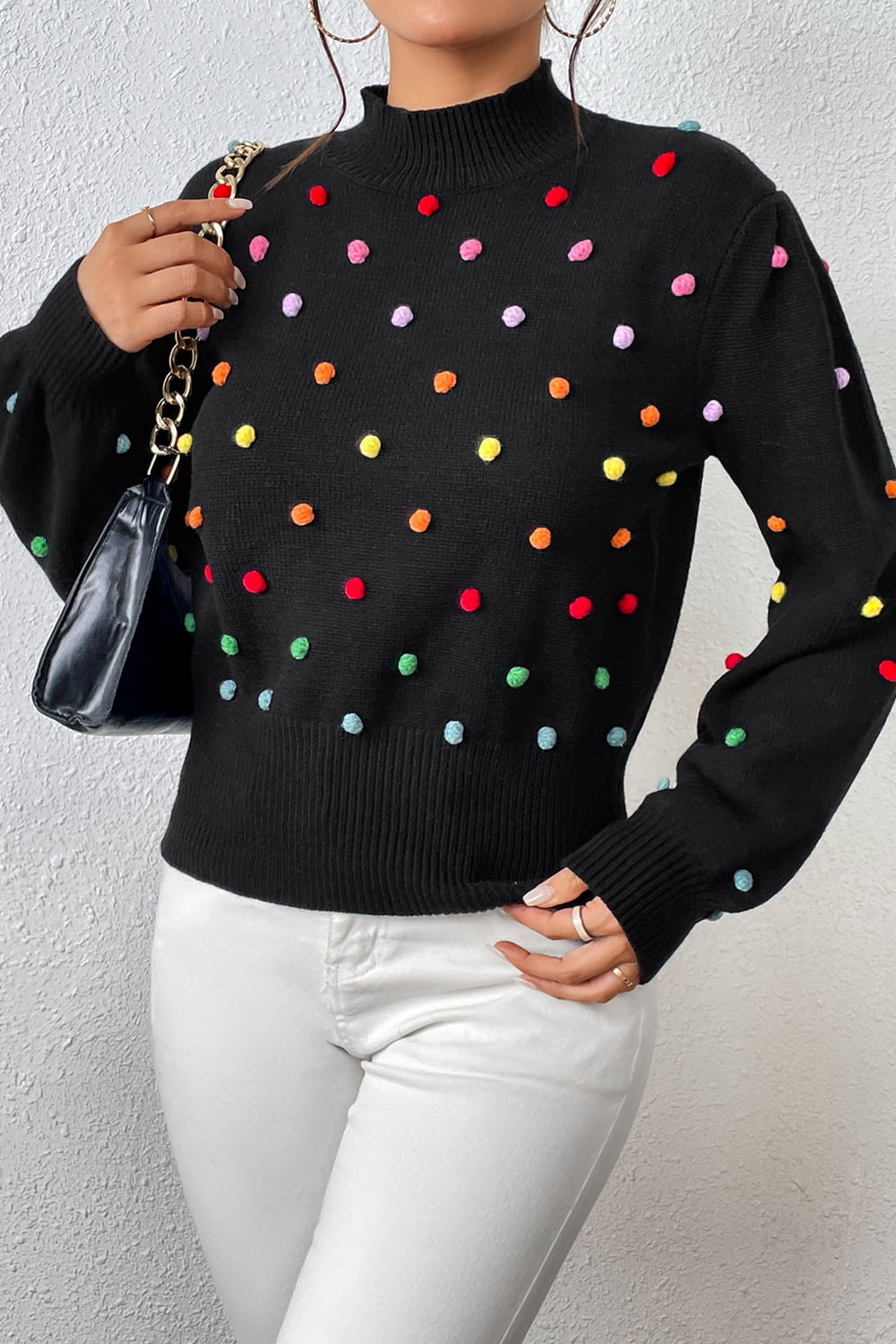 Sweater- Women's Rainbow Pom Pom Sweater - Fashionable Knitwear Pullover- - IndioGear Fashion and Gear