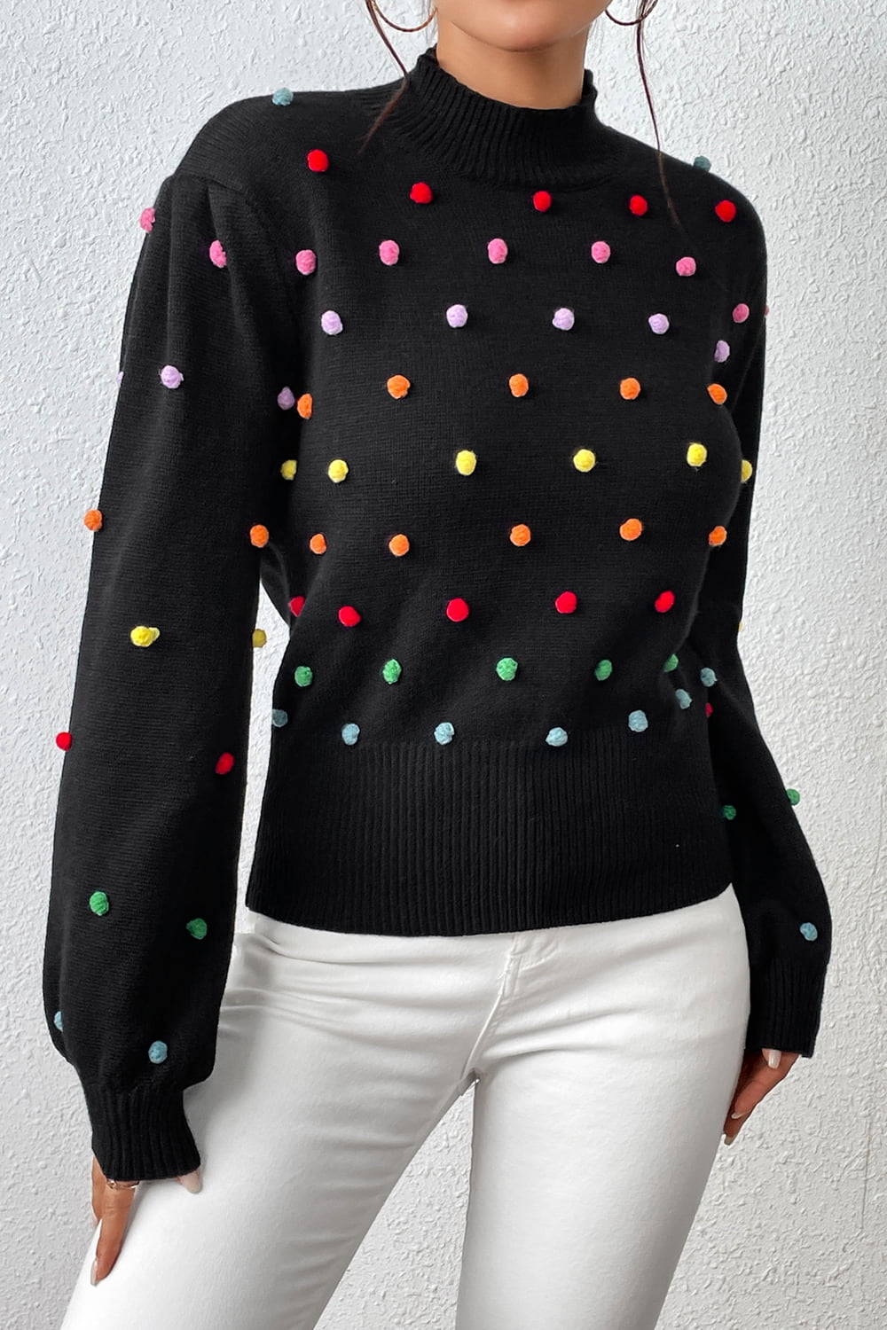 Sweater- Women's Rainbow Pom Pom Sweater - Fashionable Knitwear Pullover- - IndioGear Fashion and Gear