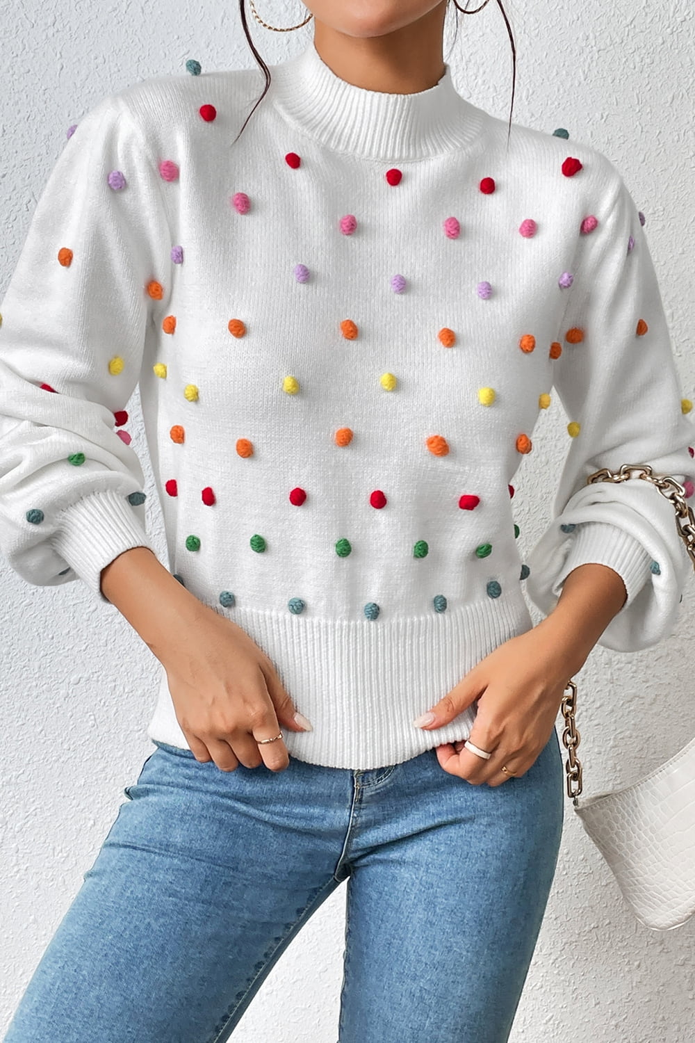 Sweater- Women's Rainbow Pom Pom Sweater - Fashionable Knitwear Pullover- - IndioGear Fashion and Gear