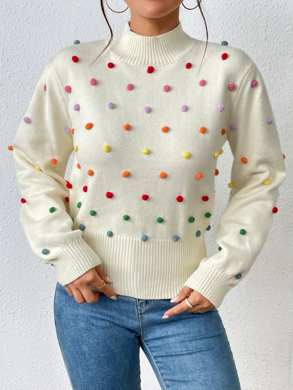 Sweater- Women's Rainbow Pom Pom Sweater - Fashionable Knitwear Pullover- Cracker khaki- IndioGear Fashion and Gear