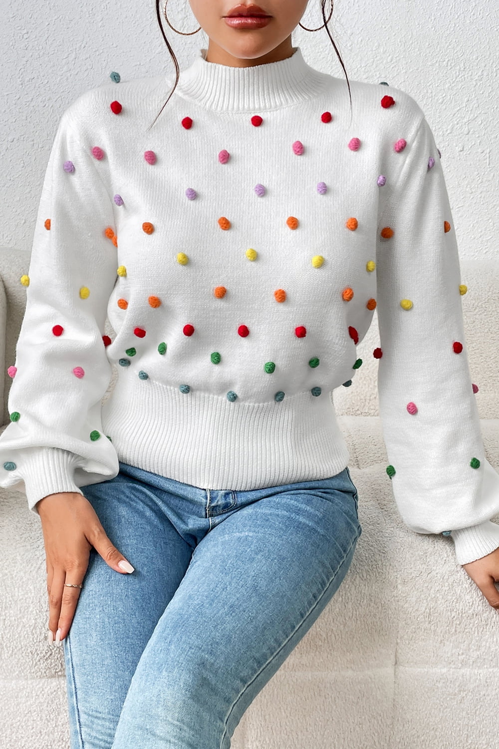 Sweater- Women's Rainbow Pom Pom Sweater - Fashionable Knitwear Pullover- - IndioGear Fashion and Gear