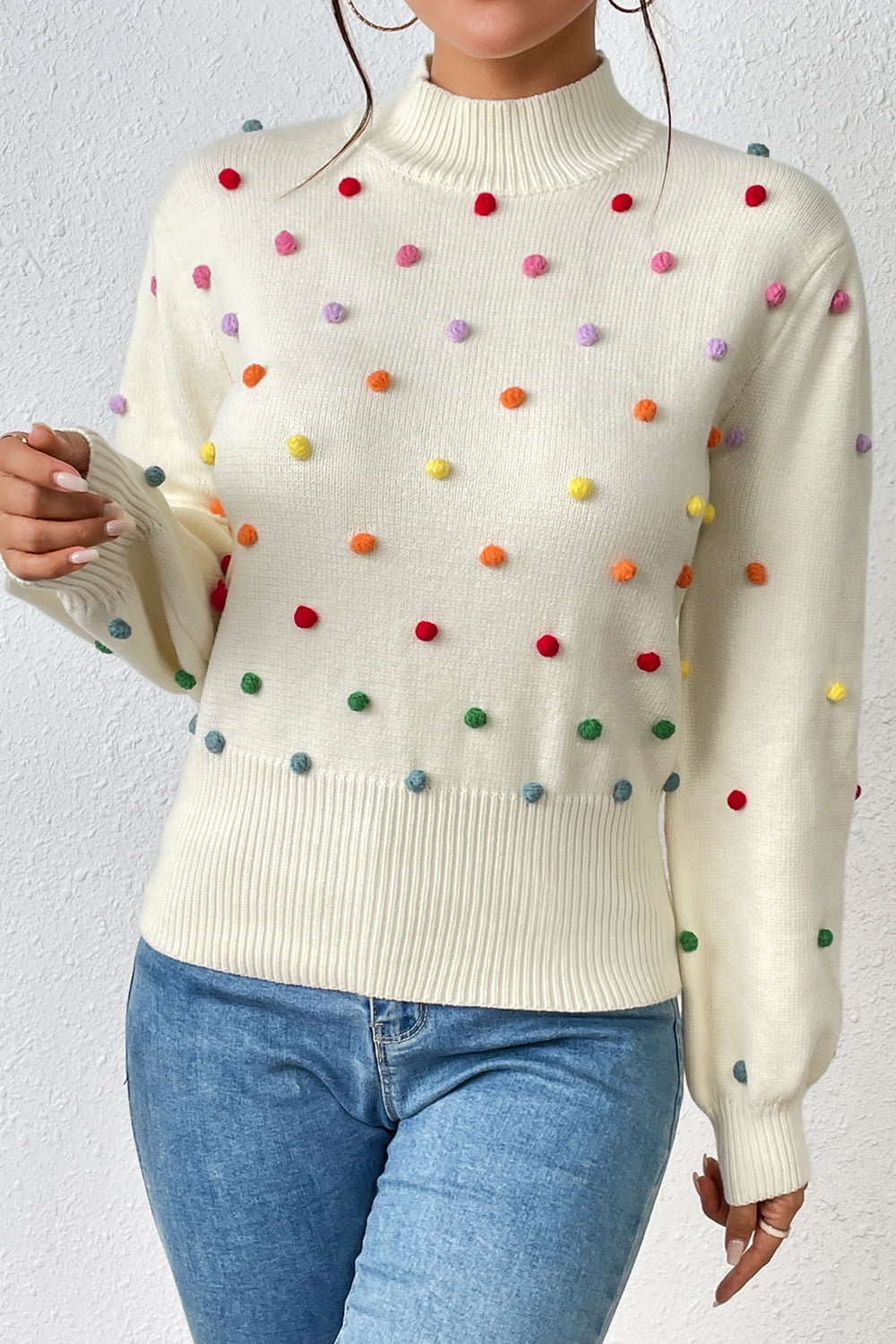 Sweater- Women's Rainbow Pom Pom Sweater - Fashionable Knitwear Pullover- - IndioGear Fashion and Gear