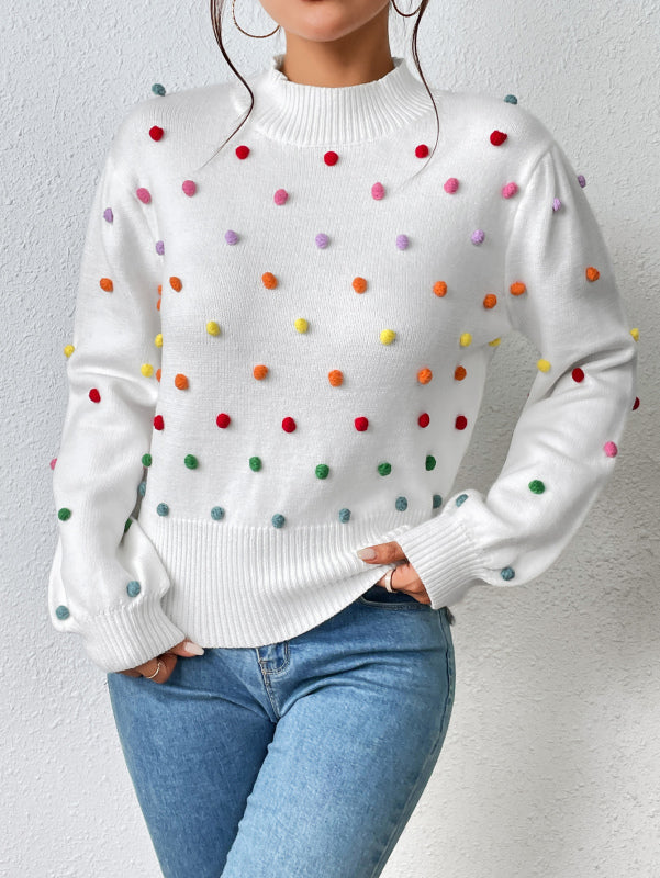 Sweater- Women's Rainbow Pom Pom Sweater - Fashionable Knitwear Pullover- White- IndioGear Fashion and Gear