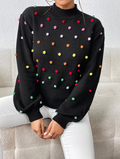 Sweater- Women's Rainbow Pom Pom Sweater - Fashionable Knitwear Pullover- Black- IndioGear Fashion and Gear