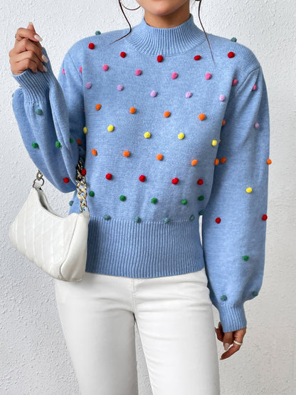 Sweater- Women's Rainbow Pom Pom Sweater - Fashionable Knitwear Pullover- Blue- IndioGear Fashion and Gear