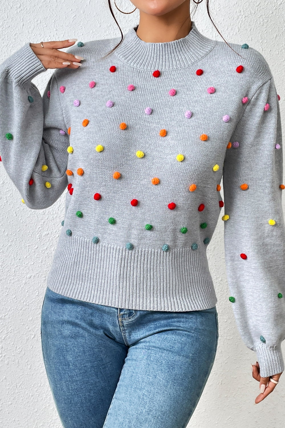 Sweater- Women's Rainbow Pom Pom Sweater - Fashionable Knitwear Pullover- - IndioGear Fashion and Gear