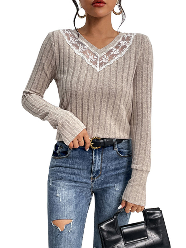 Sweaters- Autumn Elegance: Lace V-Neck Sweater Top- - IndioGear Clothing and Gear