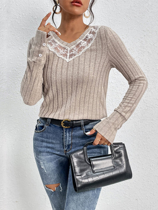 Sweaters- Autumn Elegance: Lace V-Neck Sweater Top- Khaki- IndioGear Clothing and Gear