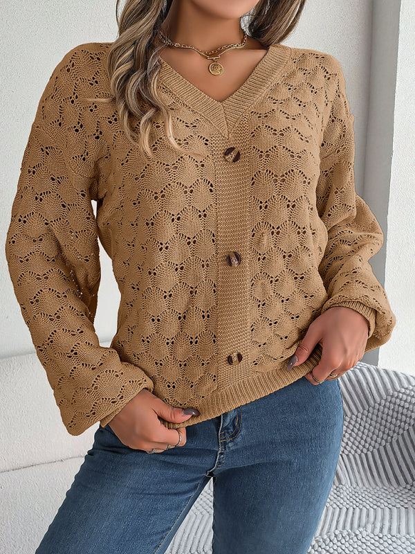 Sweaters- Autumn Open Knitting V-Neck Sweater with Buttons- - IndioGear Clothing and Gear