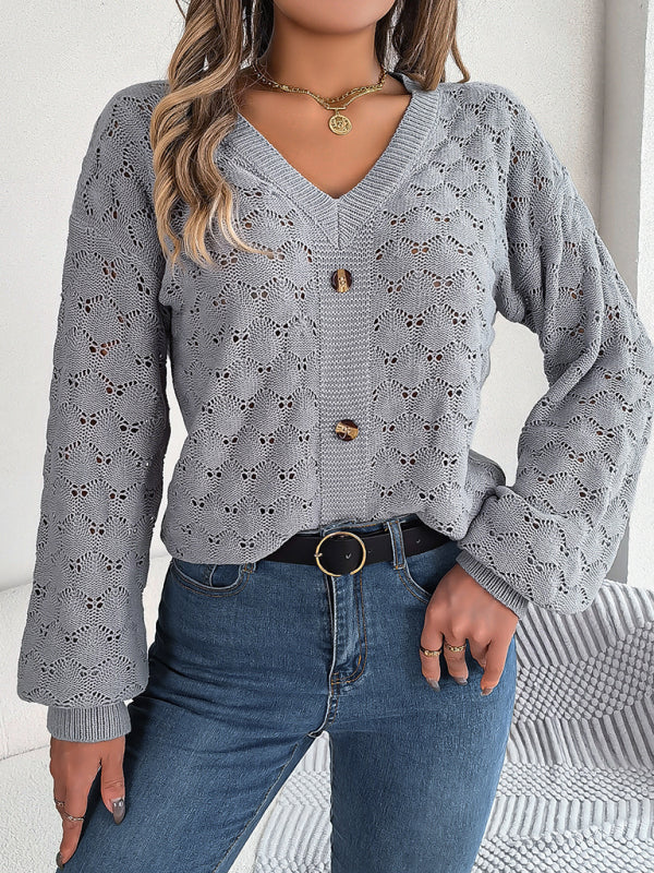 Sweaters- Autumn Open Knitting V-Neck Sweater with Buttons- - IndioGear Clothing and Gear