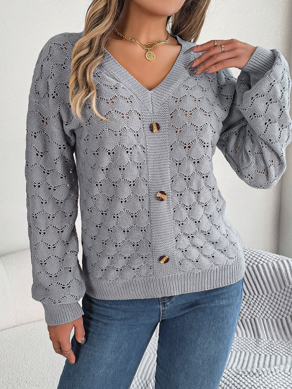 Sweaters- Autumn Open Knitting V-Neck Sweater with Buttons- Grey- IndioGear Clothing and Gear