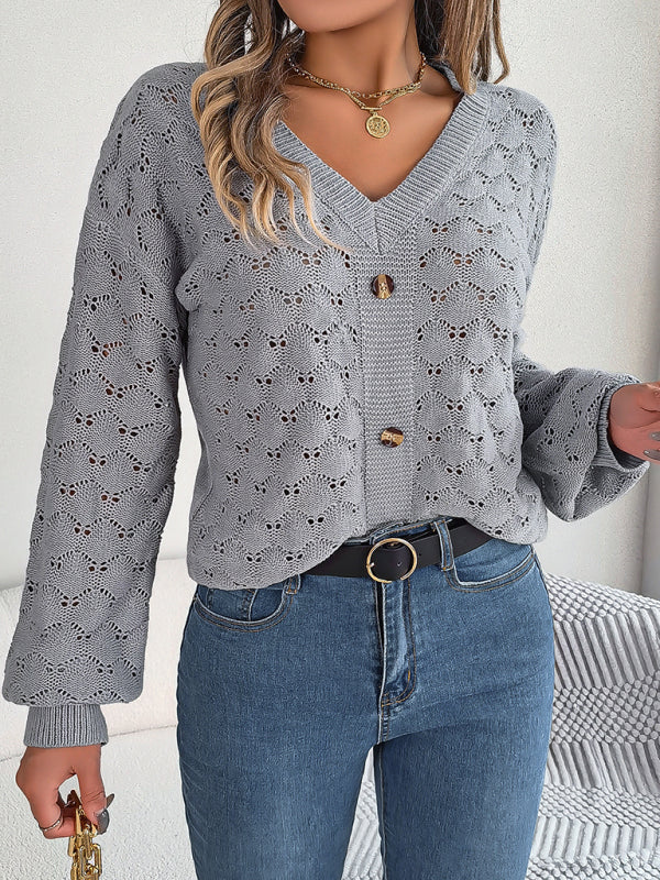 Sweaters- Autumn Open Knitting V-Neck Sweater with Buttons- - IndioGear Clothing and Gear