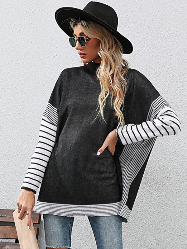 Sweaters- Autumn Patchwork Stripe Loose High Neck Sweater Top- Black- IndioGear Clothing and Gear