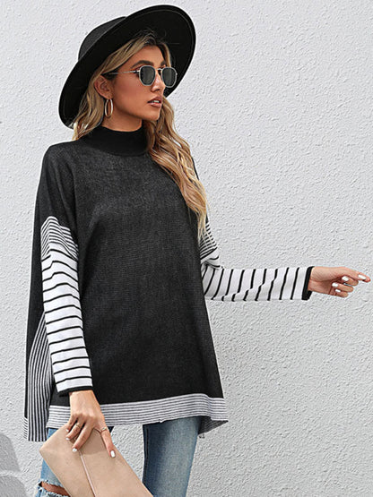 Sweaters- Autumn Patchwork Stripe Loose High Neck Sweater Top- - IndioGear Clothing and Gear