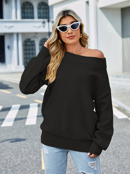 Sweaters- Autumn Slouchy Knit Sweater Off The Shoulder Jumper- Black- IndioGear Clothing and Gear