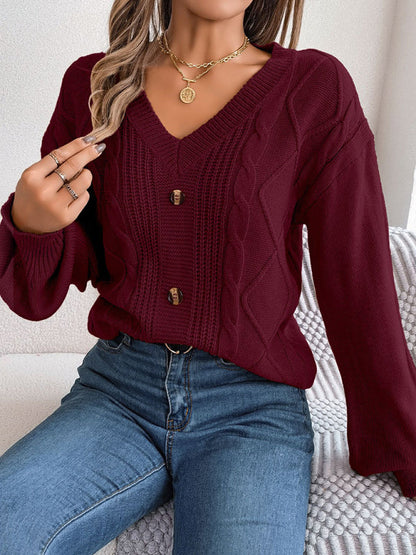 Sweaters- Autumn V-Neck Cable Knit Sweater with Delicate Button Accents- Wine Red- IndioGear Clothing and Gear