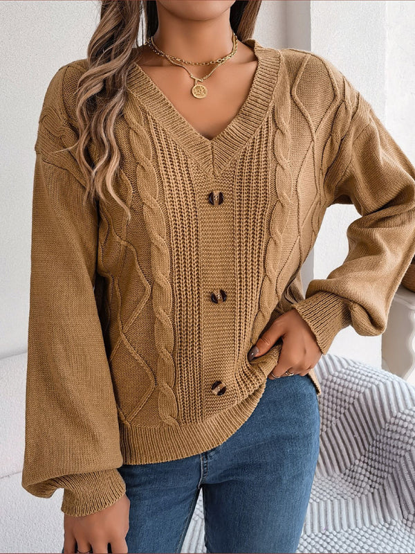 Sweaters- Autumn V-Neck Cable Knit Sweater with Delicate Button Accents- - IndioGear Clothing and Gear