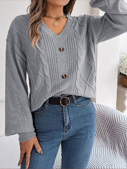 Sweaters- Autumn V-Neck Cable Knit Sweater with Delicate Button Accents- - IndioGear Clothing and Gear