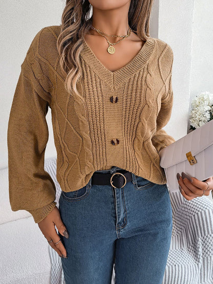 Sweaters- Autumn V-Neck Cable Knit Sweater with Delicate Button Accents- Khaki- IndioGear Clothing and Gear