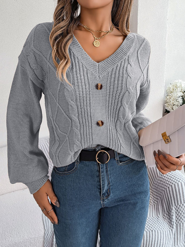 Sweaters- Autumn V-Neck Cable Knit Sweater with Delicate Button Accents- - IndioGear Clothing and Gear