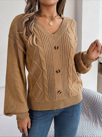 Sweaters- Autumn V-Neck Cable Knit Sweater with Delicate Button Accents- - IndioGear Clothing and Gear