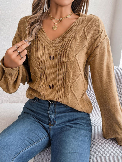 Sweaters- Autumn V-Neck Cable Knit Sweater with Delicate Button Accents- - IndioGear Clothing and Gear