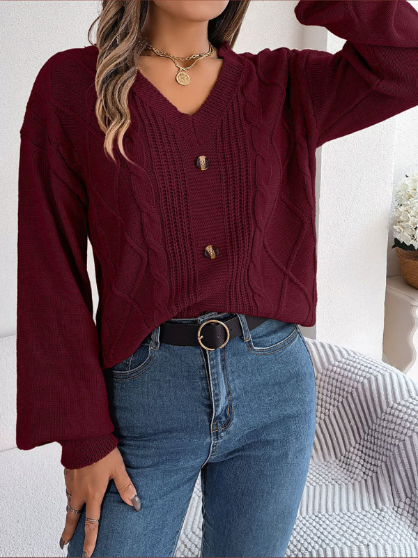 Sweaters- Autumn V-Neck Cable Knit Sweater with Delicate Button Accents- - IndioGear Clothing and Gear