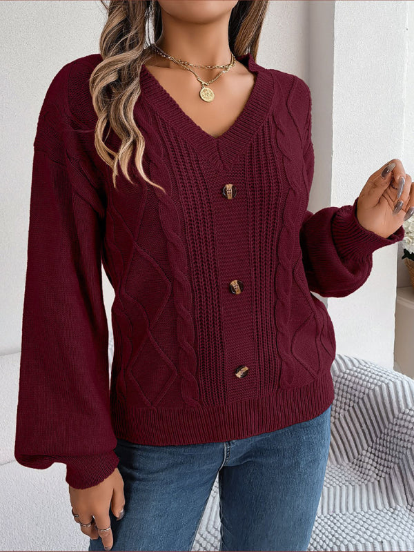 Sweaters- Autumn V-Neck Cable Knit Sweater with Delicate Button Accents- - IndioGear Clothing and Gear