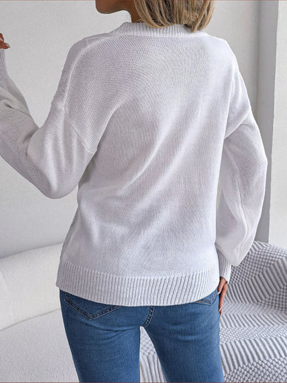 Sweaters- Autumn V-Neck Cable Knit Sweater with Delicate Button Accents- - IndioGear Clothing and Gear